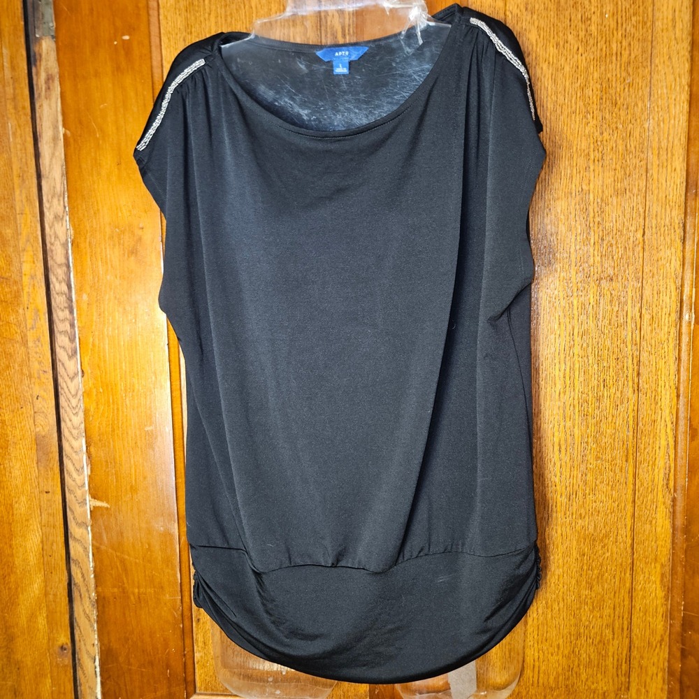 Apt. 9 Blouse Women Large Black Beaded Shoulder Ruched Banded Hem Stretch Top